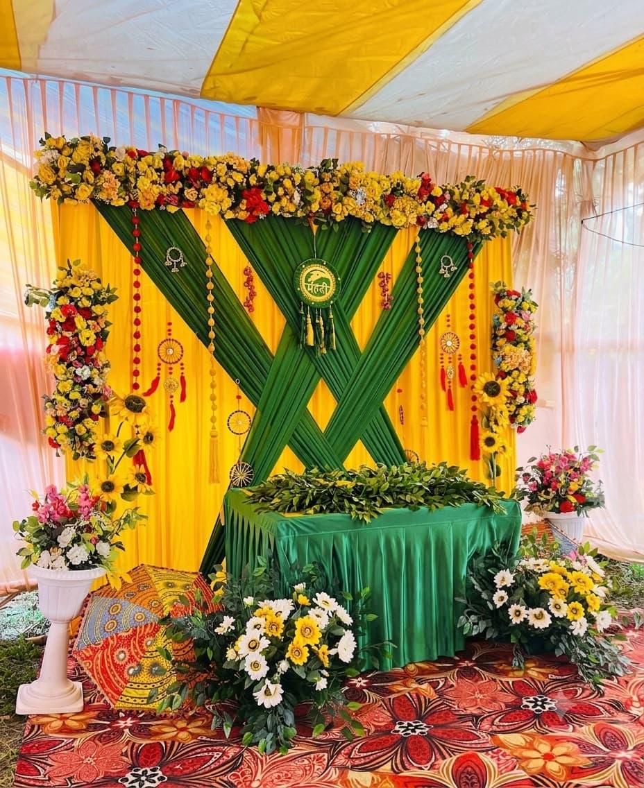 Mehndi stage with a green banana-leaf X arch, yellow backdrop and sunflower floral arrangements