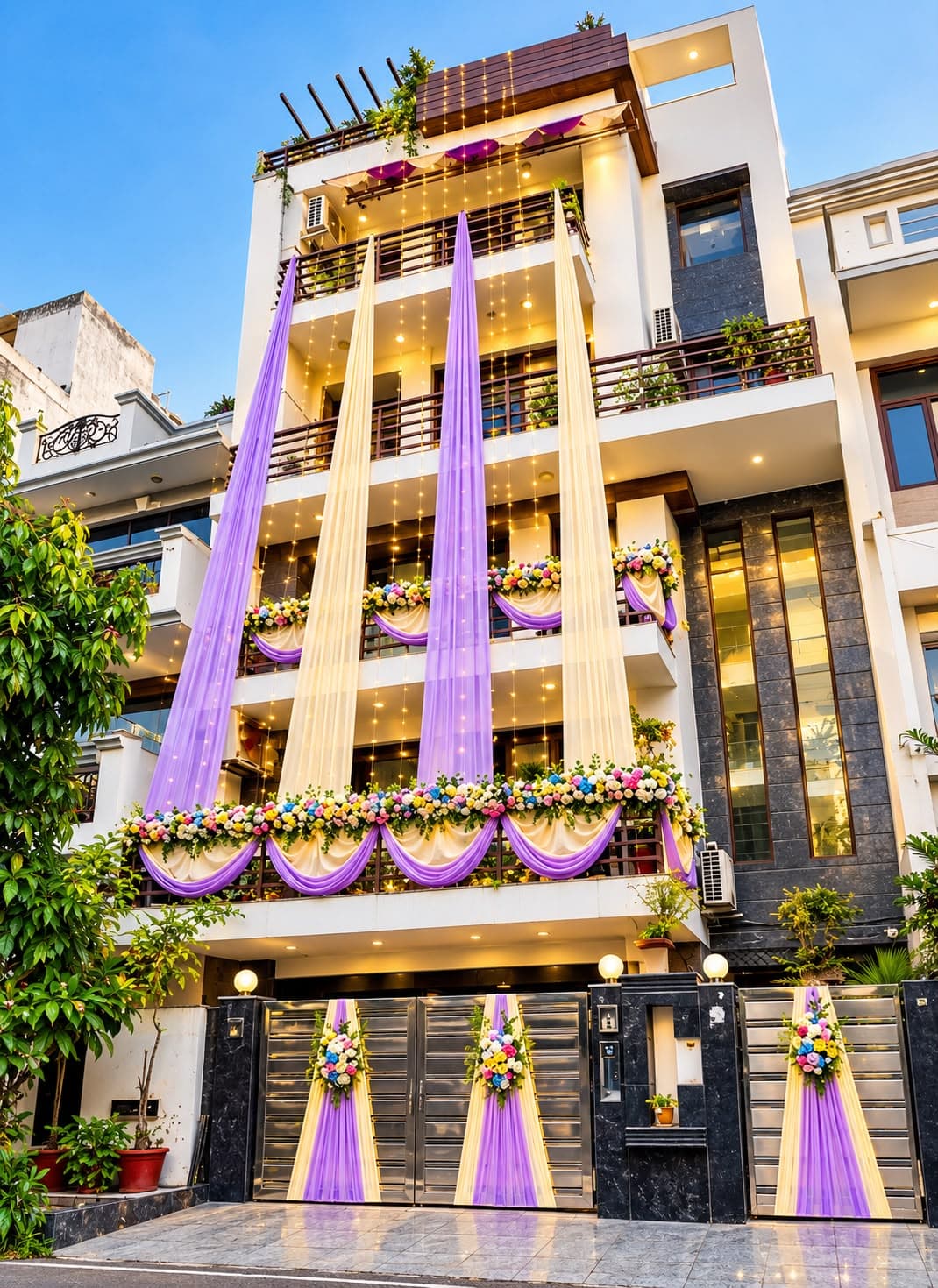 Multi-storey house facade dressed with tall purple and cream drapes, colourful floral garlands and fairy lights at dusk